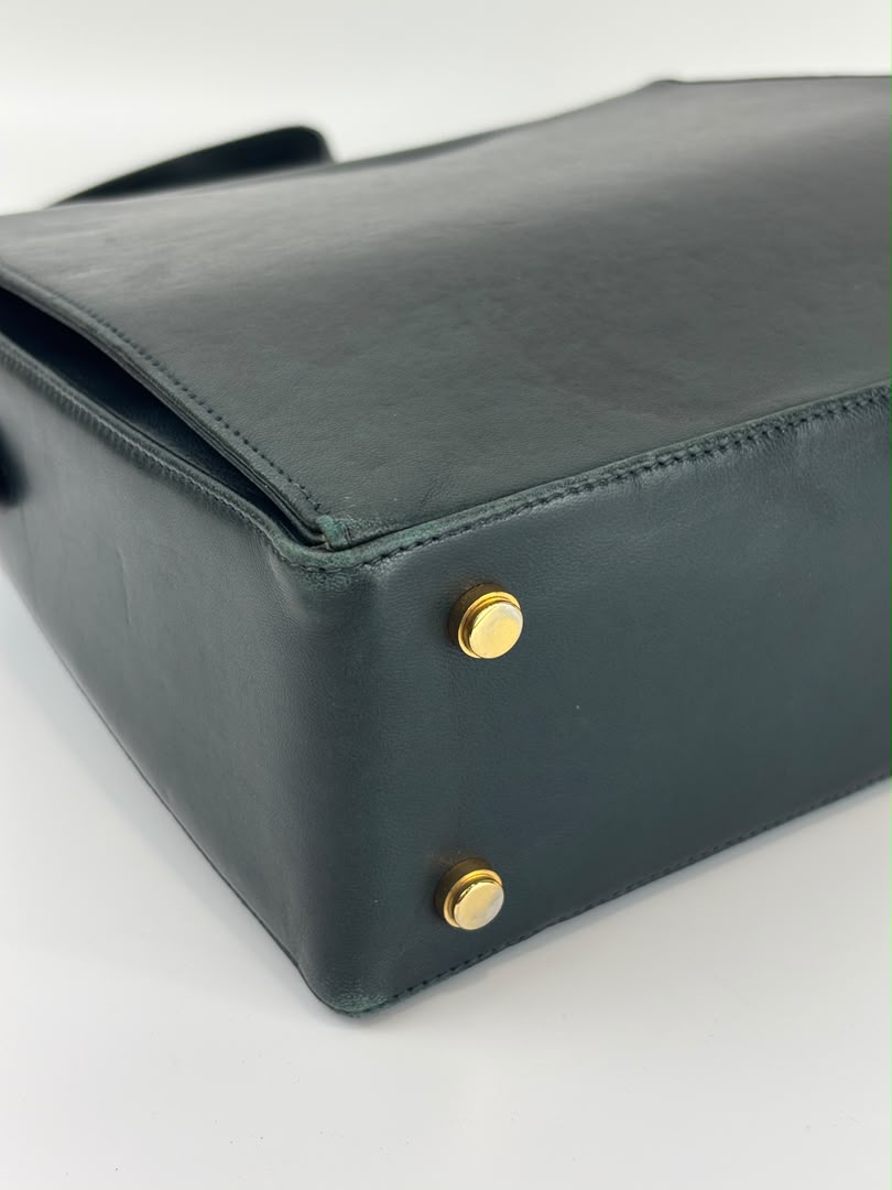 Vintage Dark Green Leather Shoulder Bag with Shoe Clasp