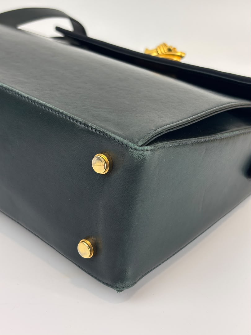 Vintage Dark Green Leather Shoulder Bag with Shoe Clasp