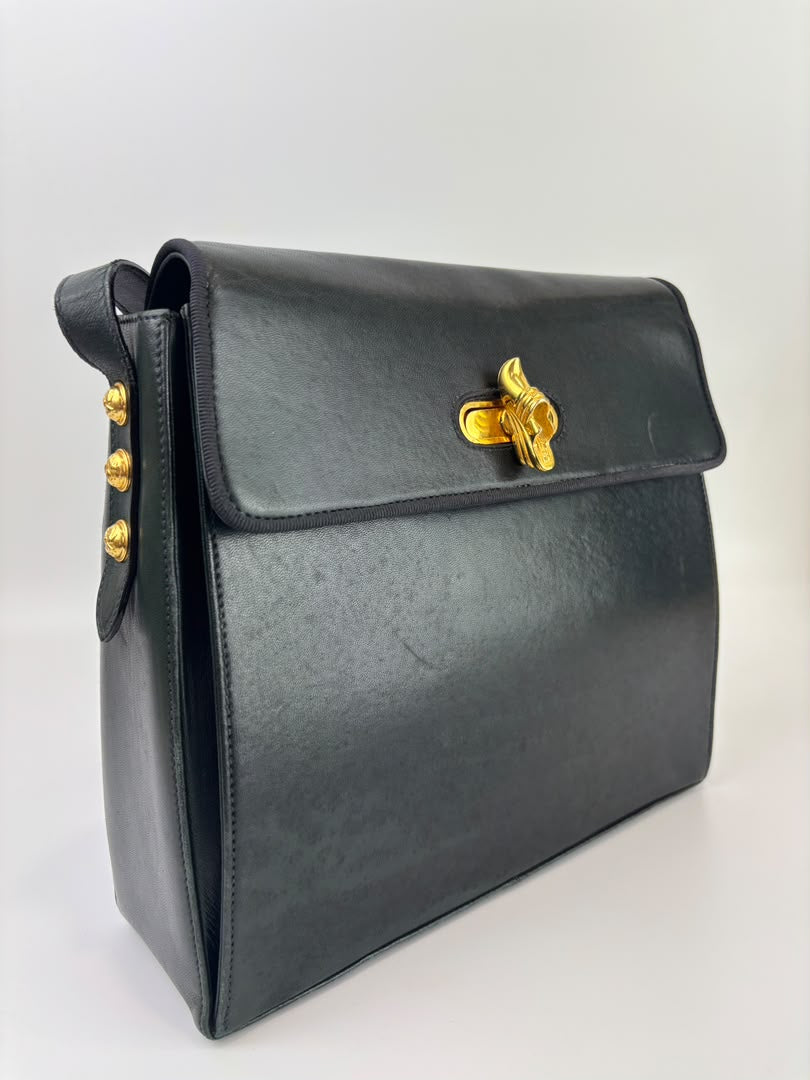 Vintage Dark Green Leather Shoulder Bag with Shoe Clasp