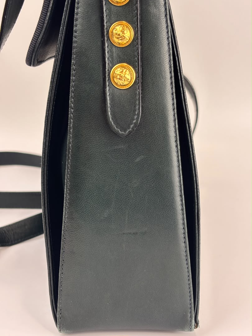 Vintage Dark Green Leather Shoulder Bag with Shoe Clasp