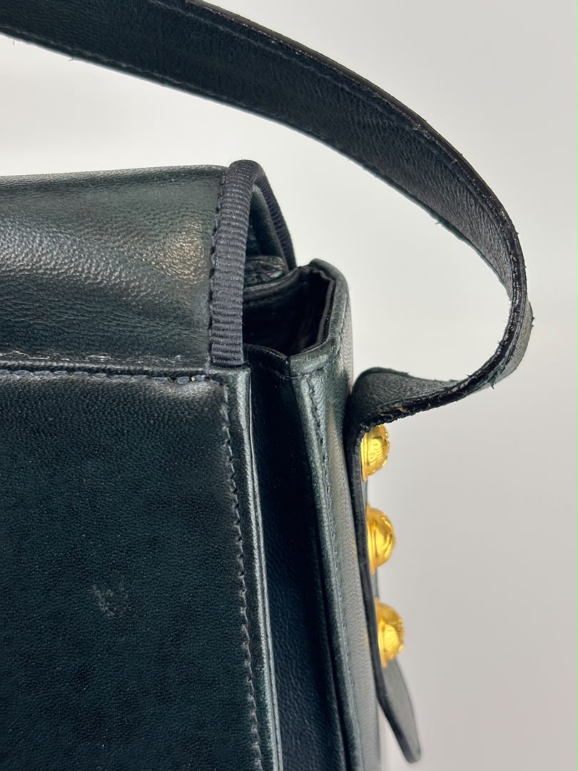 Vintage Dark Green Leather Shoulder Bag with Shoe Clasp