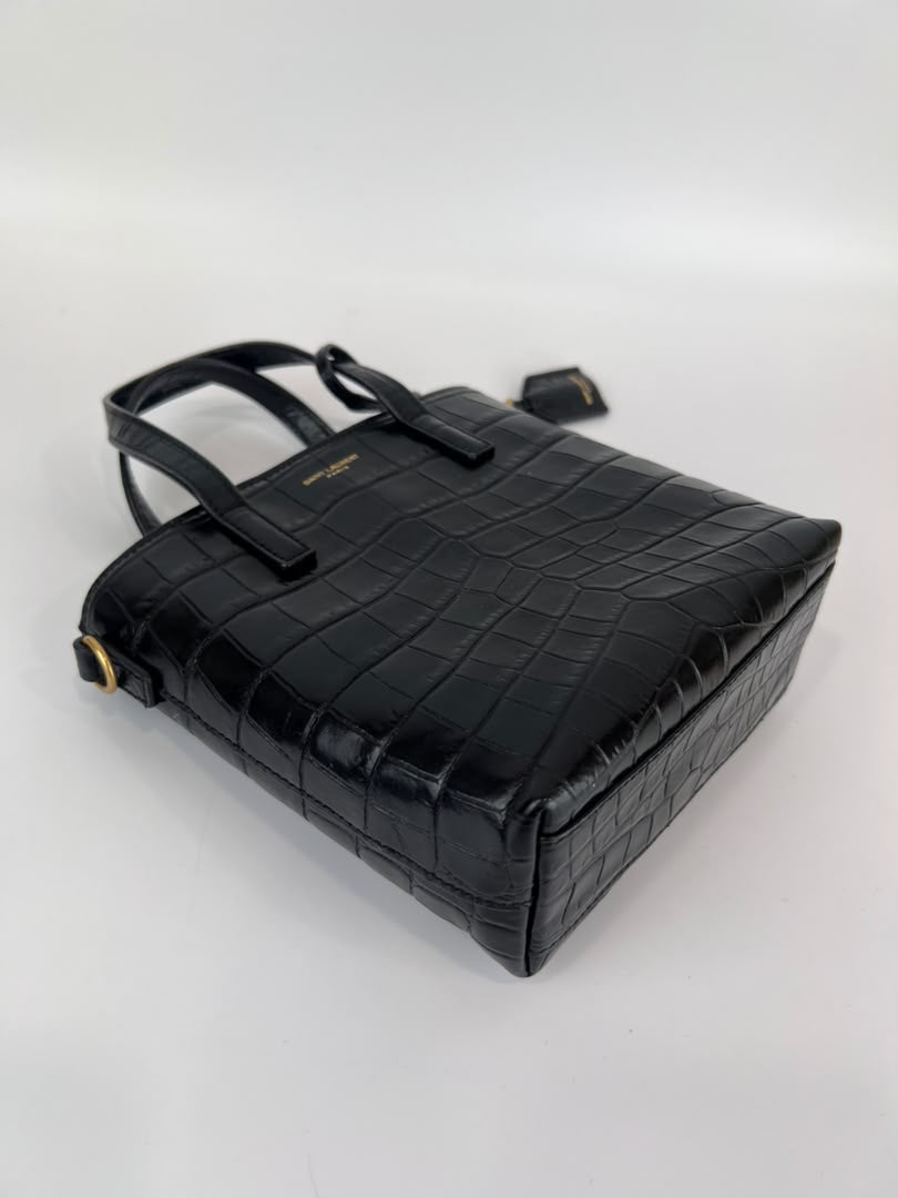 Mini Toy Shopping Saint Laurent in Black Crocodile-Embossed Leather