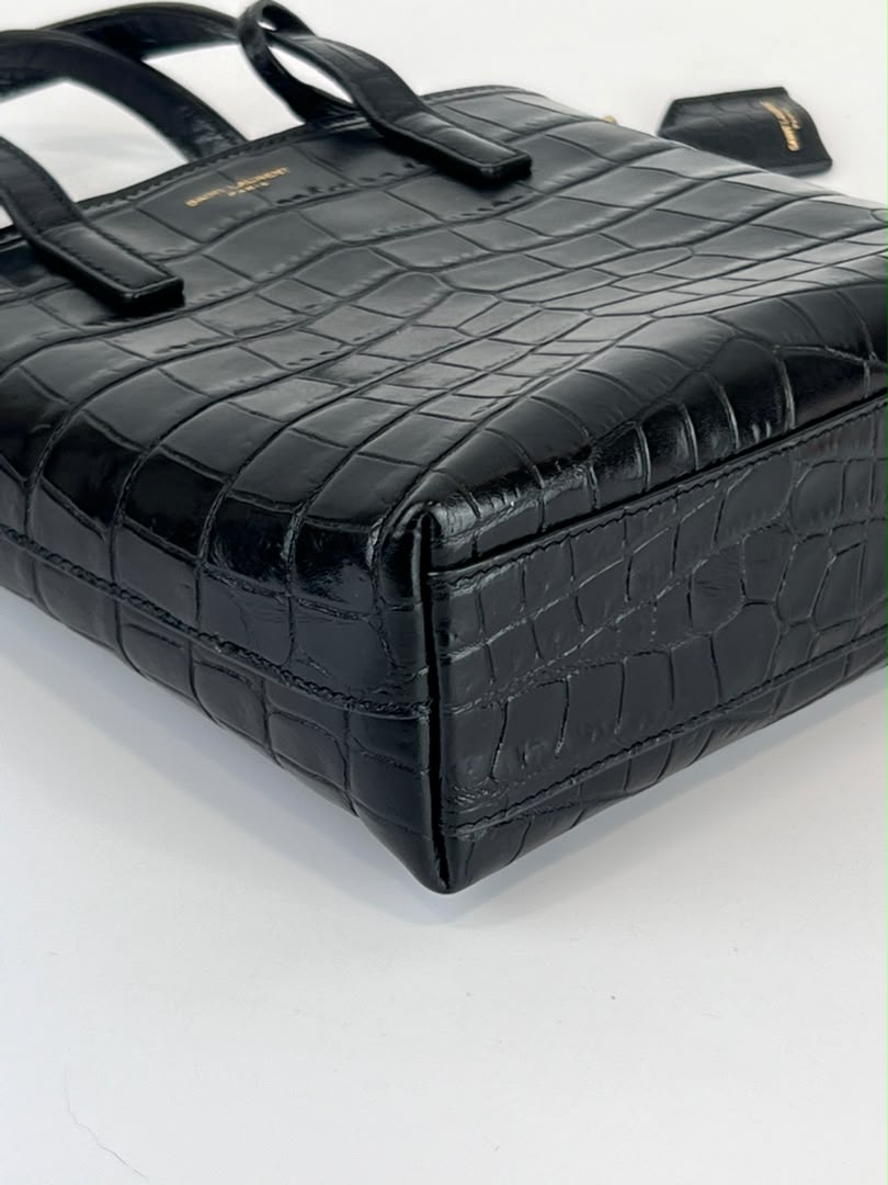 Mini Toy Shopping Saint Laurent in Black Crocodile-Embossed Leather