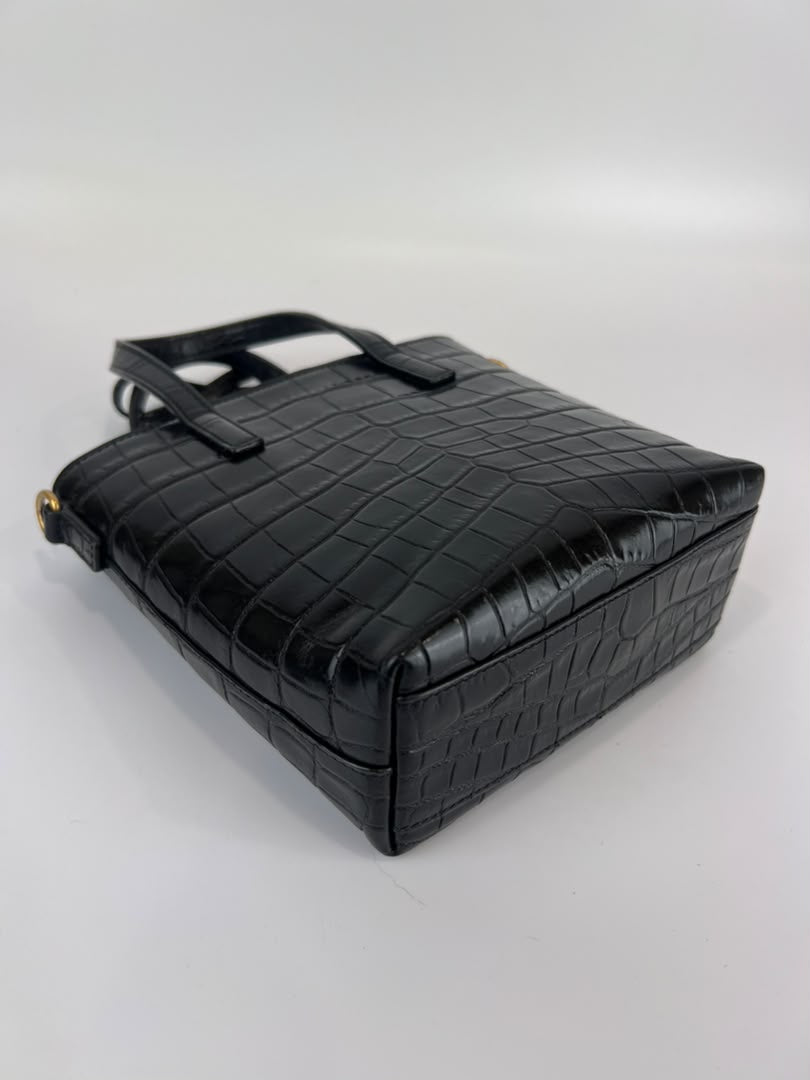 Mini Toy Shopping Saint Laurent in Black Crocodile-Embossed Leather