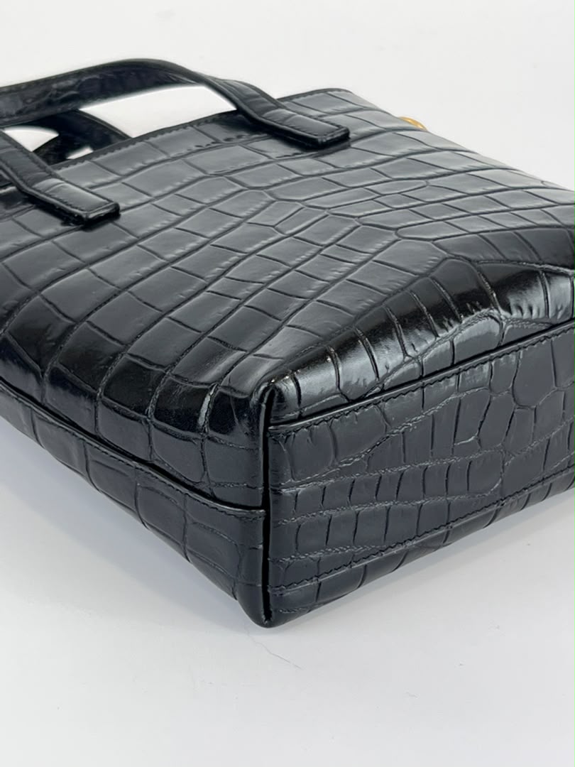 Mini Toy Shopping Saint Laurent in Black Crocodile-Embossed Leather