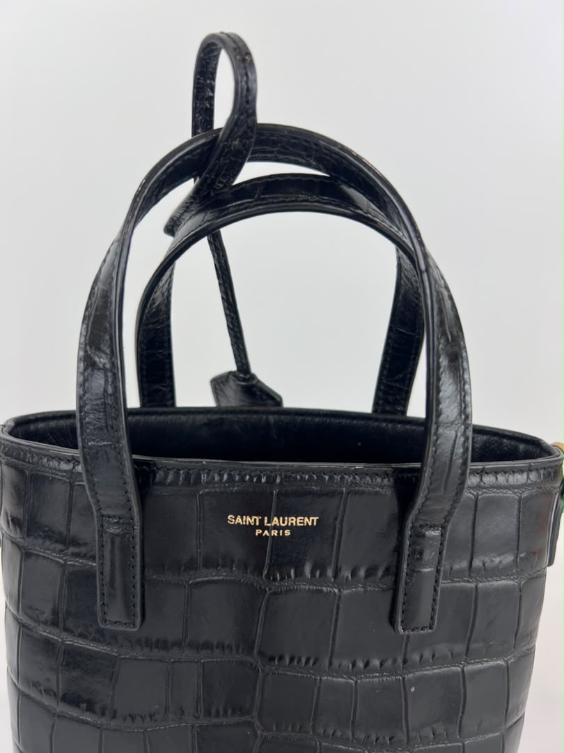 Mini Toy Shopping Saint Laurent in Black Crocodile-Embossed Leather