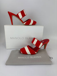 Red and White Striped Cotton Strap Mules Size 39