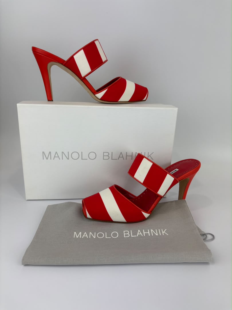 Red and White Striped Cotton Strap Mules Size 39