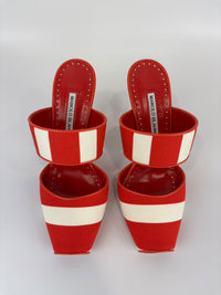 Red and White Striped Cotton Strap Mules Size 39