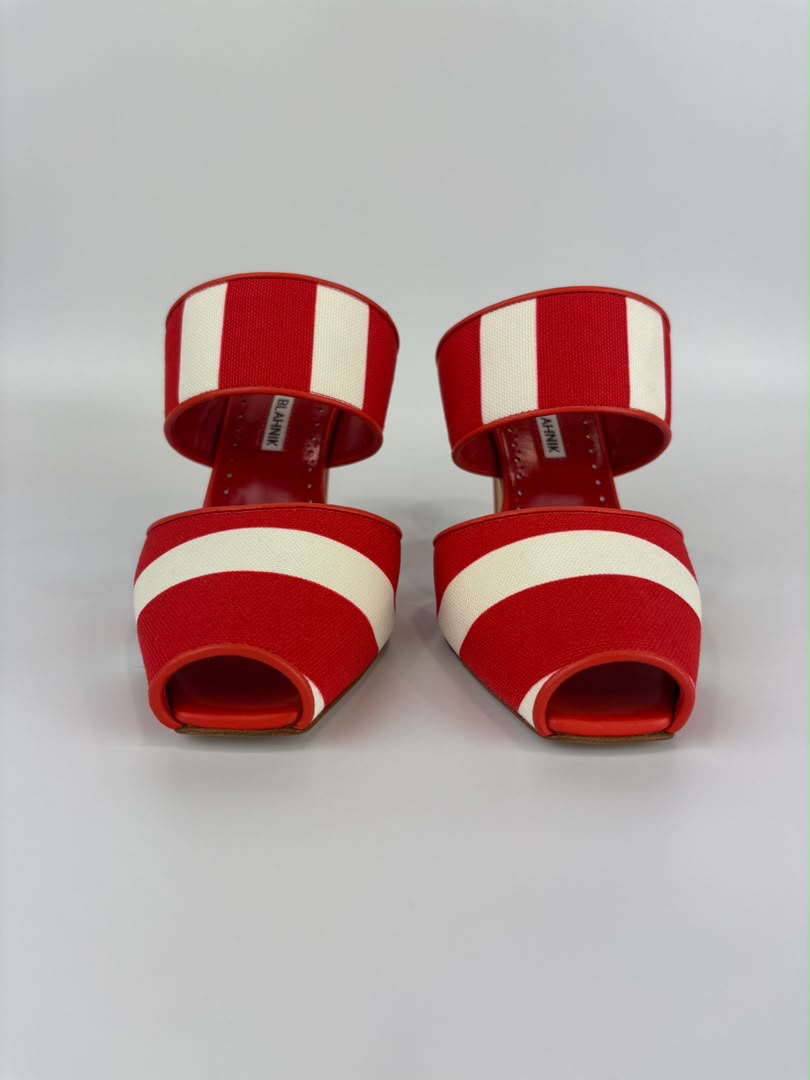 Red and White Striped Cotton Strap Mules Size 39