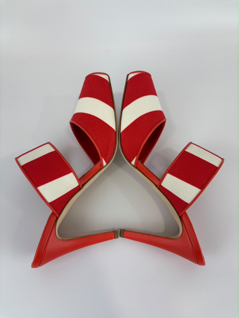 Red and White Striped Cotton Strap Mules Size 39