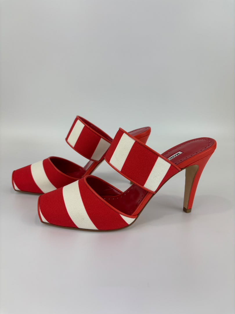 Red and White Striped Cotton Strap Mules Size 39