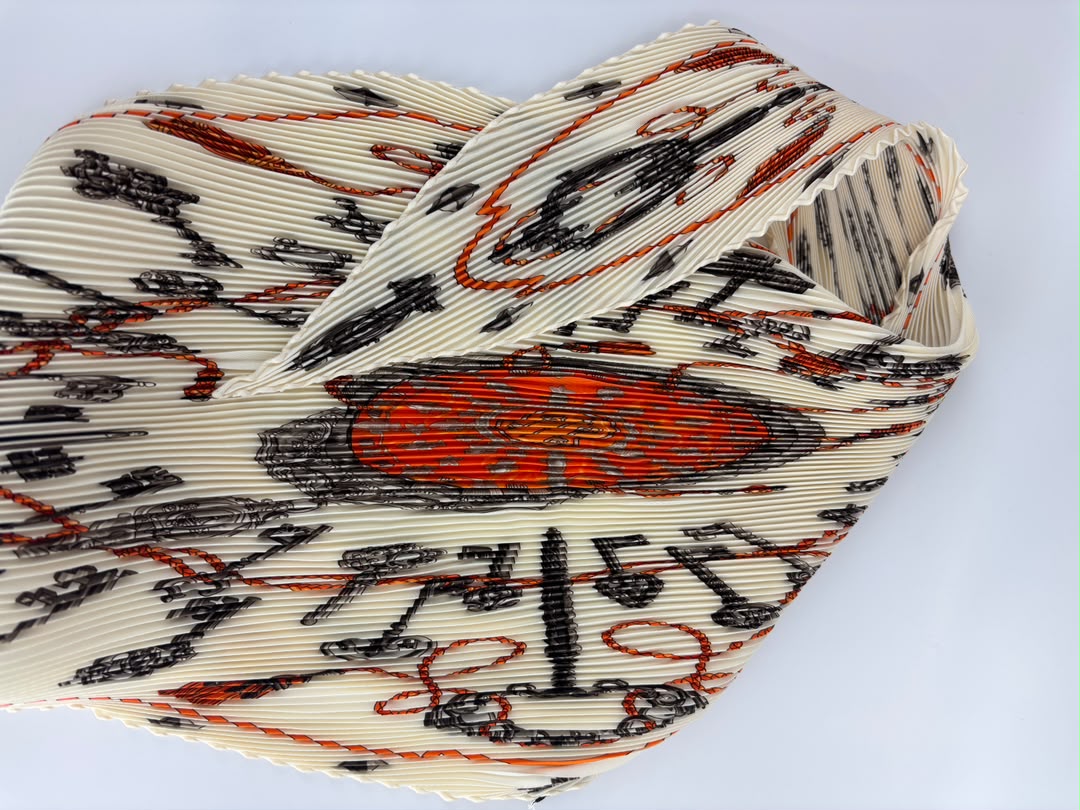 Cream White Multicolor Printed Silk Plisse Scarf 90cm
