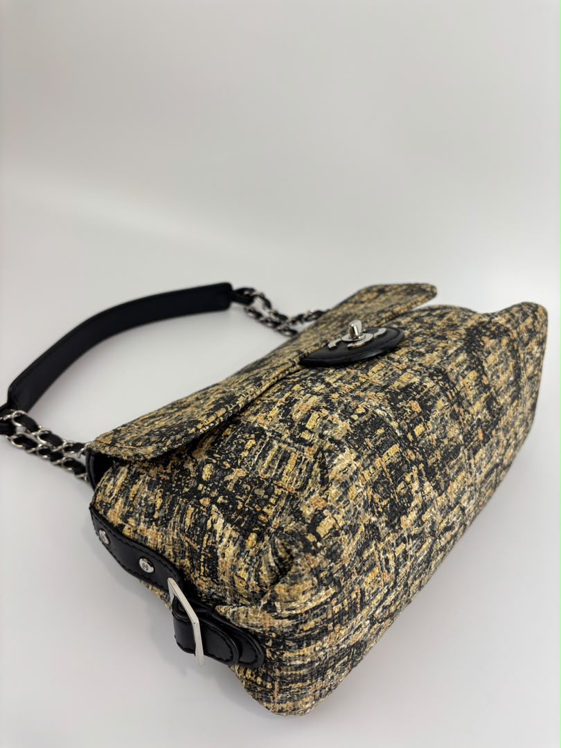 Watercolor Clover Painted Tweed Belted CC Medium Flap Bag SHW
