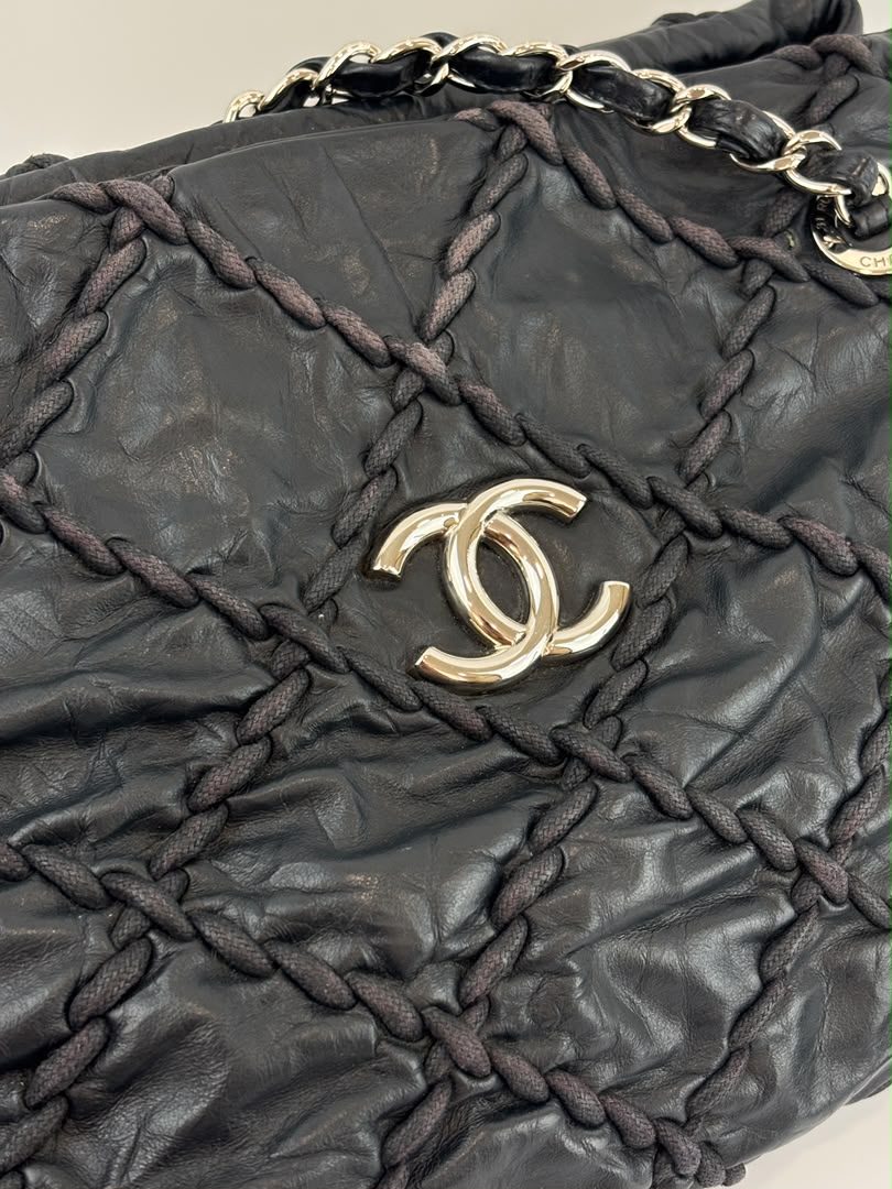 Ultra Stitch Tote in Black Crinkled Calfskin SHW