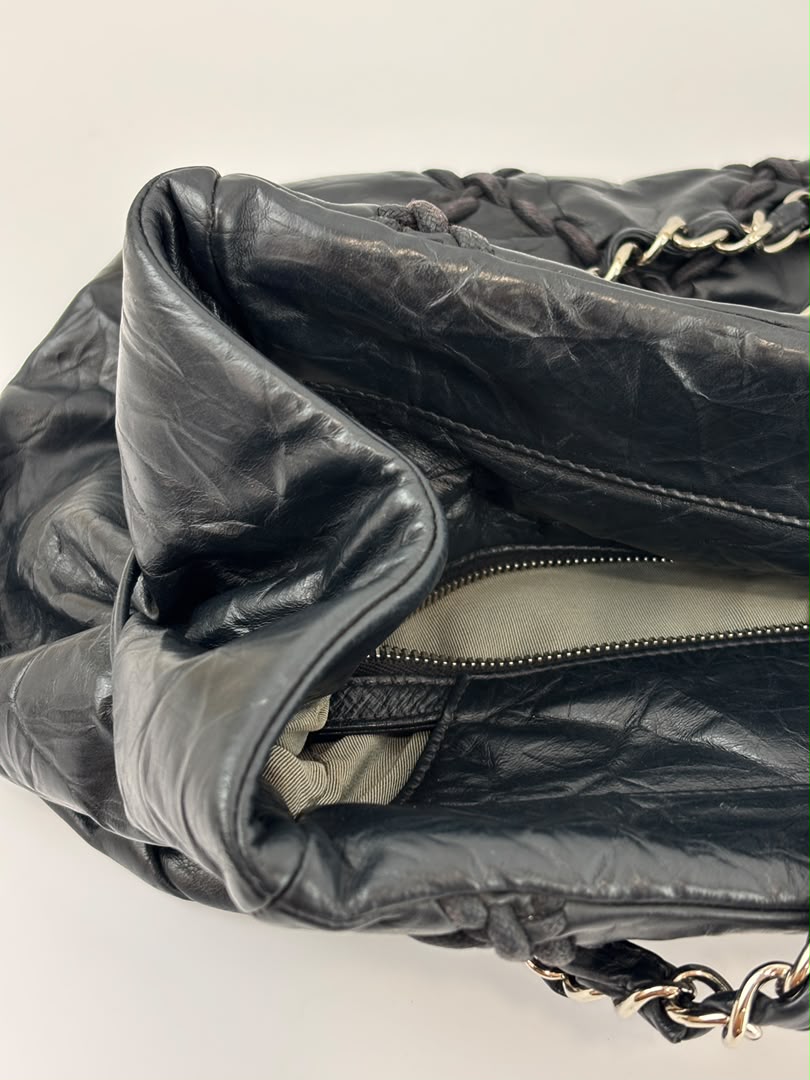 Ultra Stitch Tote in Black Crinkled Calfskin SHW