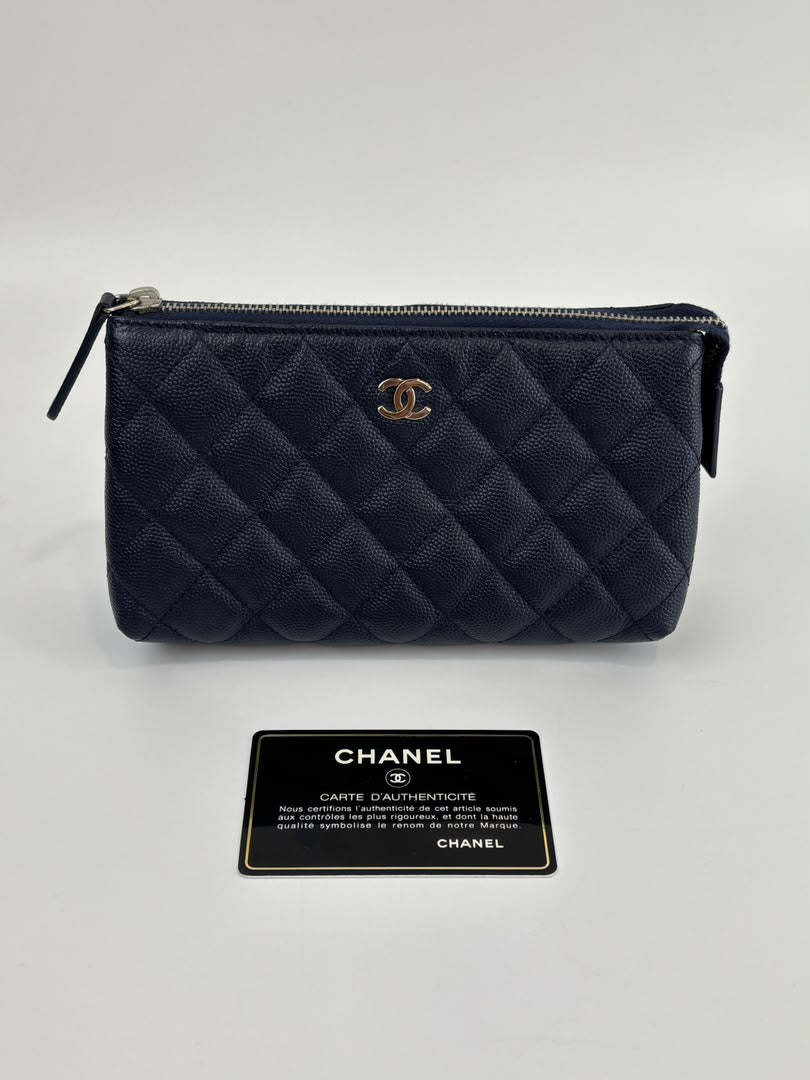Caviar Quilted Cosmetic Zip Pouch in Navy