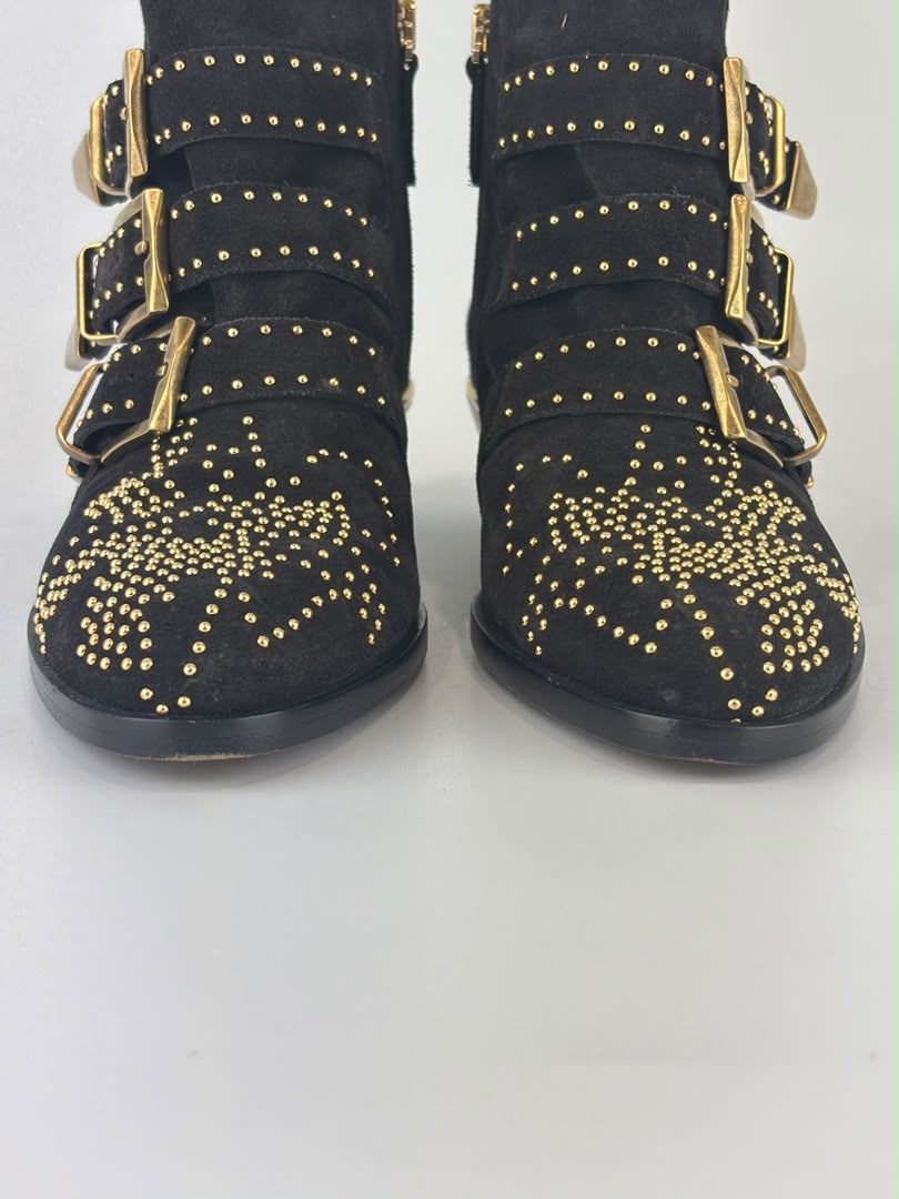 Susanna Gold Studded Leather Ankle Boots in Dark Brown Suede Size 34