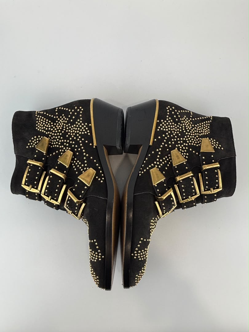 Susanna Gold Studded Leather Ankle Boots in Dark Brown Suede Size 34