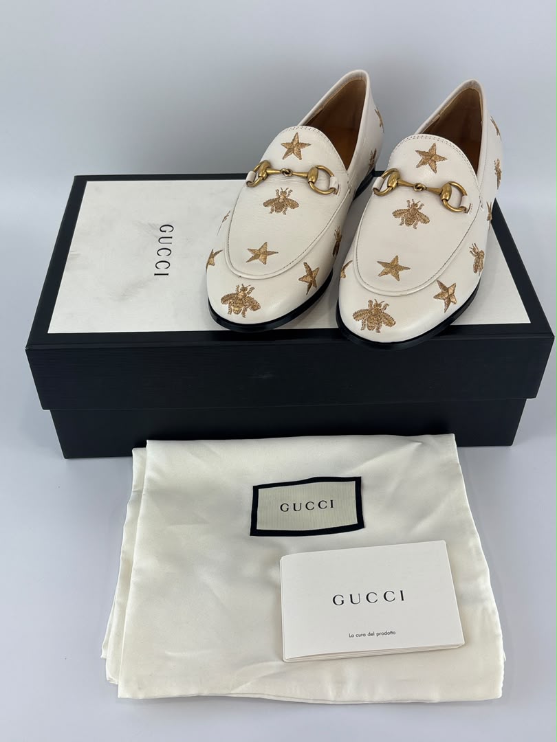 Goatskin Bee Star Embroidered Jordaan Loafers Mystic White Size 35.5