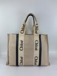 Woody Large Linen Tote Bag Beige/Black