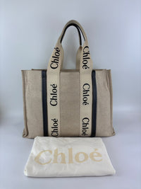 Woody Large Linen Tote Bag Beige/Black