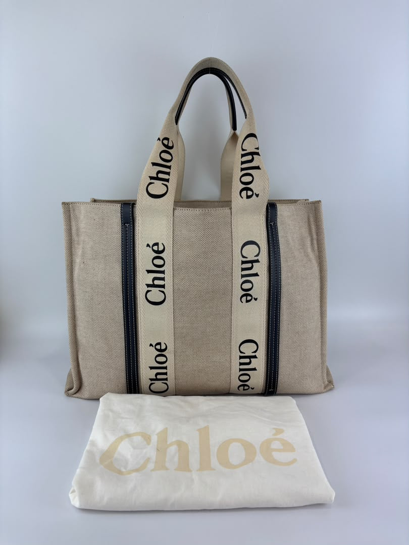 Woody Large Linen Tote Bag Beige/Black