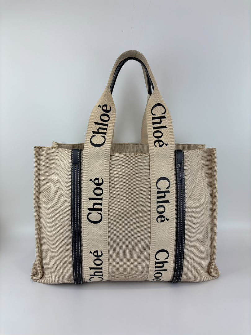 Woody Large Linen Tote Bag Beige/Black