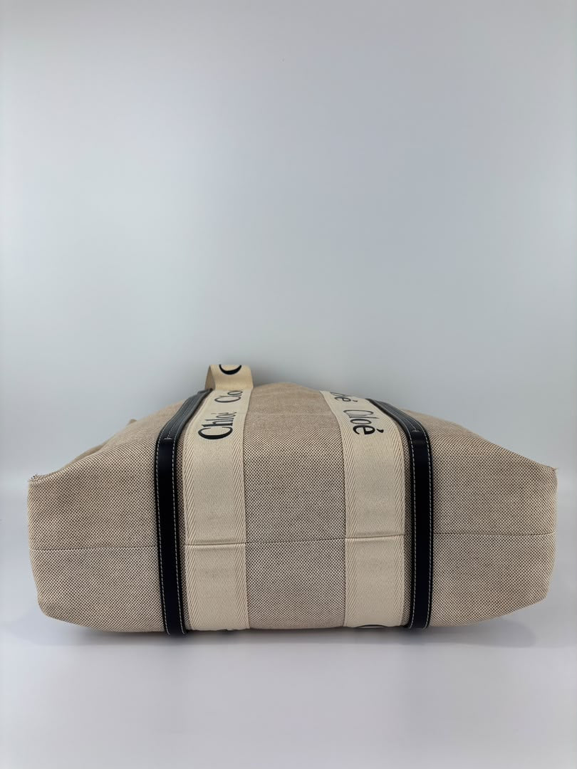 Woody Large Linen Tote Bag Beige/Black