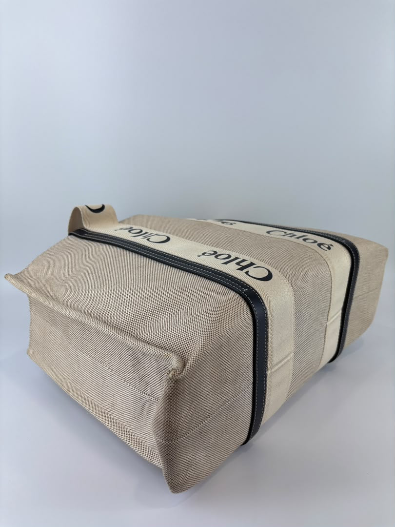 Woody Large Linen Tote Bag Beige/Black