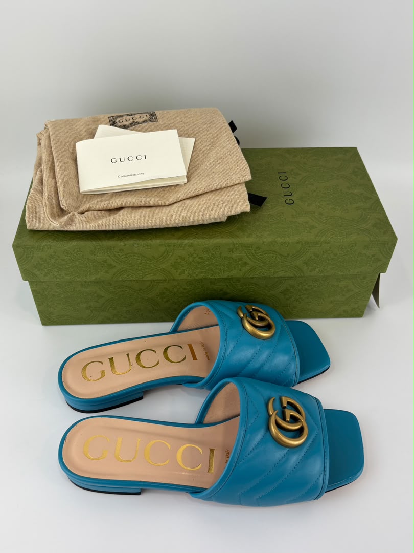 Nappa Matelasse GG Marmont Flat Slide Sandals Light Blue