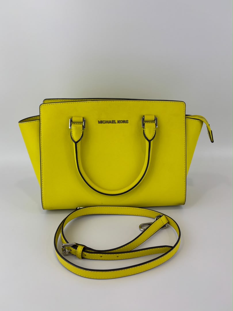 Selma Medium Satchel Neon Yellow Saffiano Leather