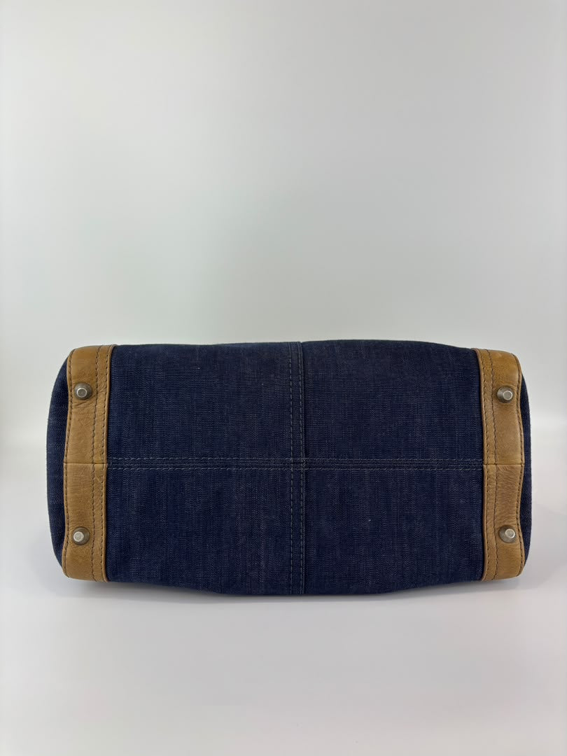 Ethel Zip Satchel Bag Blue Denim/Brown Leather