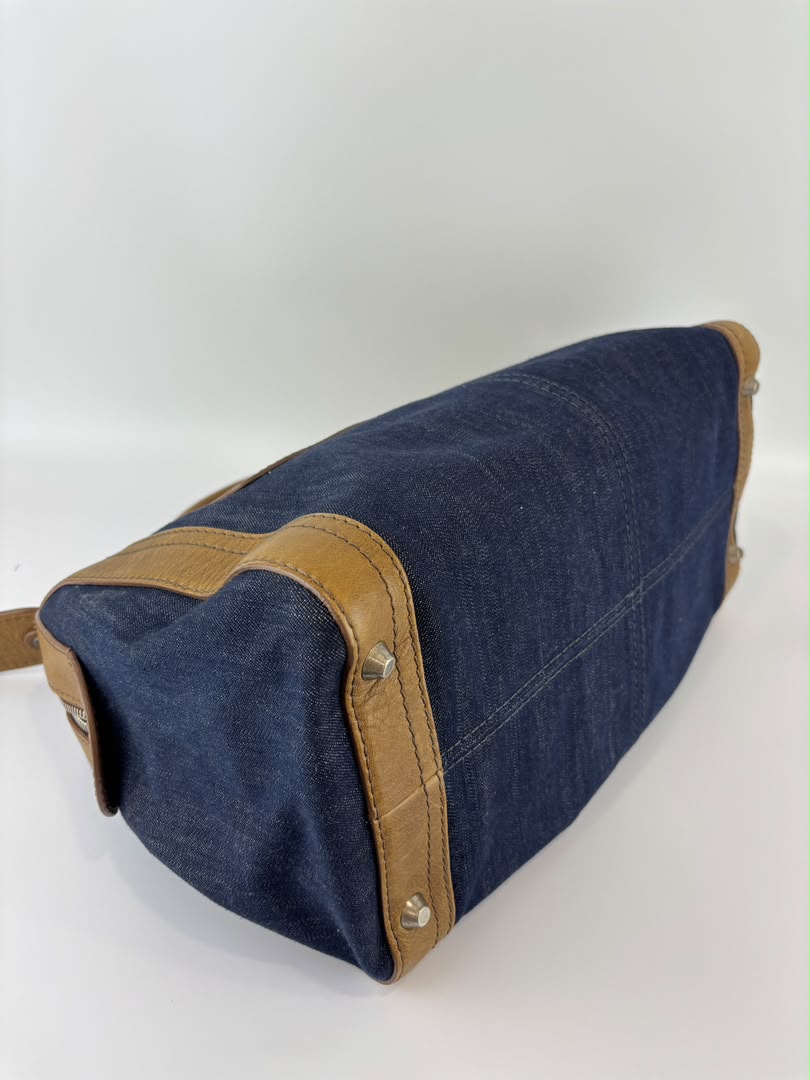 Ethel Zip Satchel Bag Blue Denim/Brown Leather