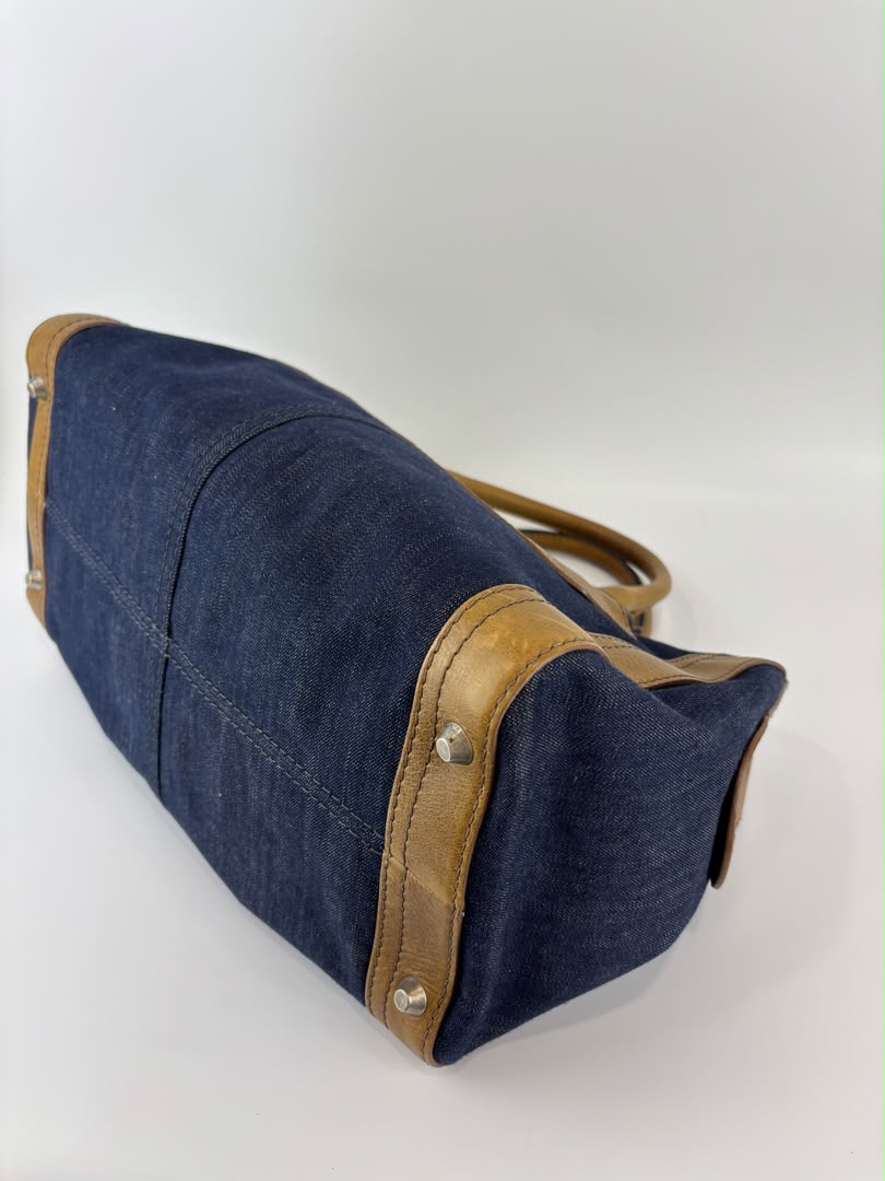 Ethel Zip Satchel Bag Blue Denim/Brown Leather