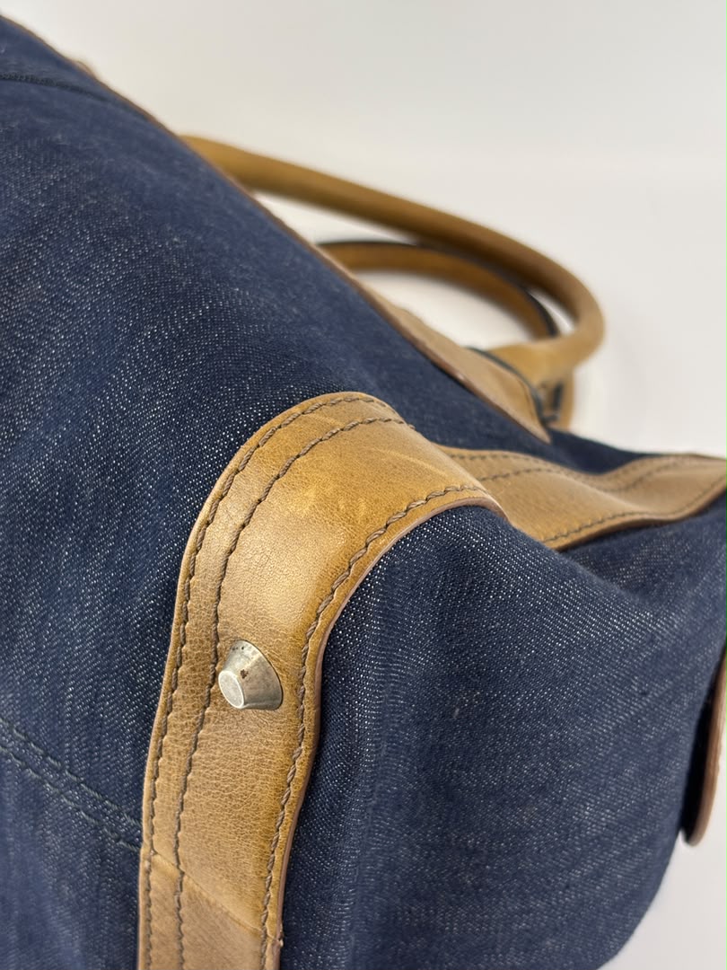 Ethel Zip Satchel Bag Blue Denim/Brown Leather
