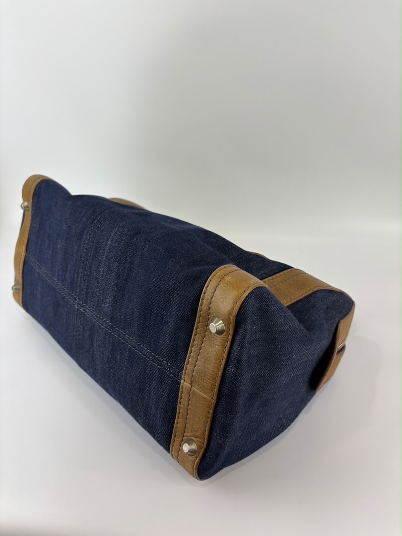 Ethel Zip Satchel Bag Blue Denim/Brown Leather