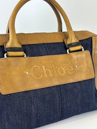 Ethel Zip Satchel Bag Blue Denim/Brown Leather