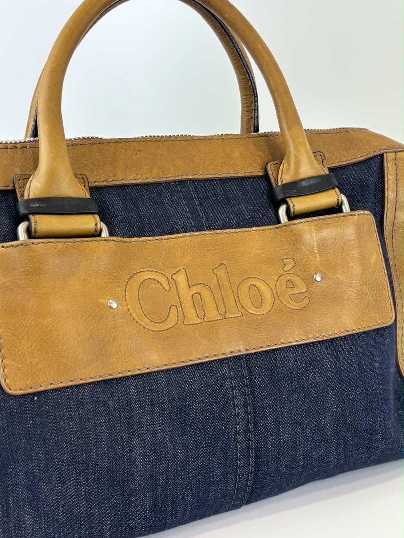 Ethel Zip Satchel Bag Blue Denim/Brown Leather