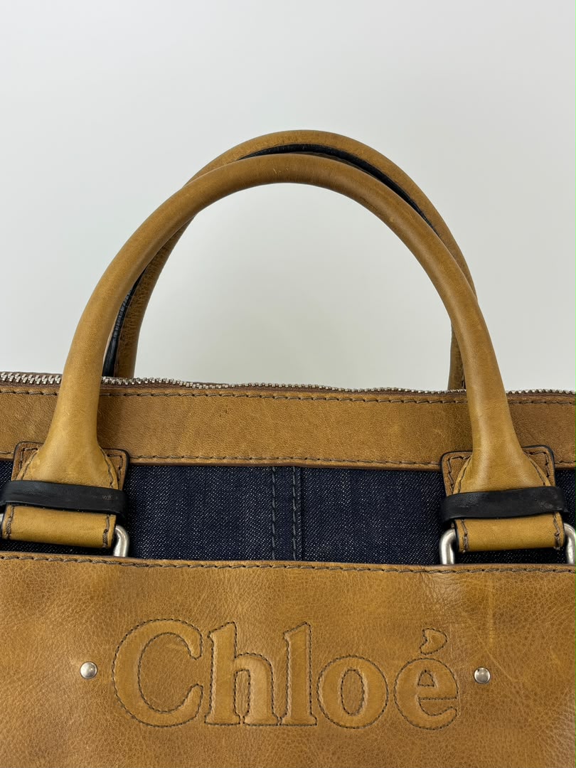 Ethel Zip Satchel Bag Blue Denim/Brown Leather
