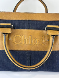Ethel Zip Satchel Bag Blue Denim/Brown Leather