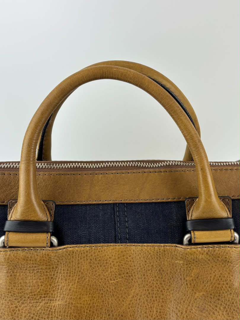 Ethel Zip Satchel Bag Blue Denim/Brown Leather
