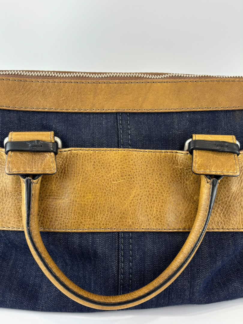 Ethel Zip Satchel Bag Blue Denim/Brown Leather