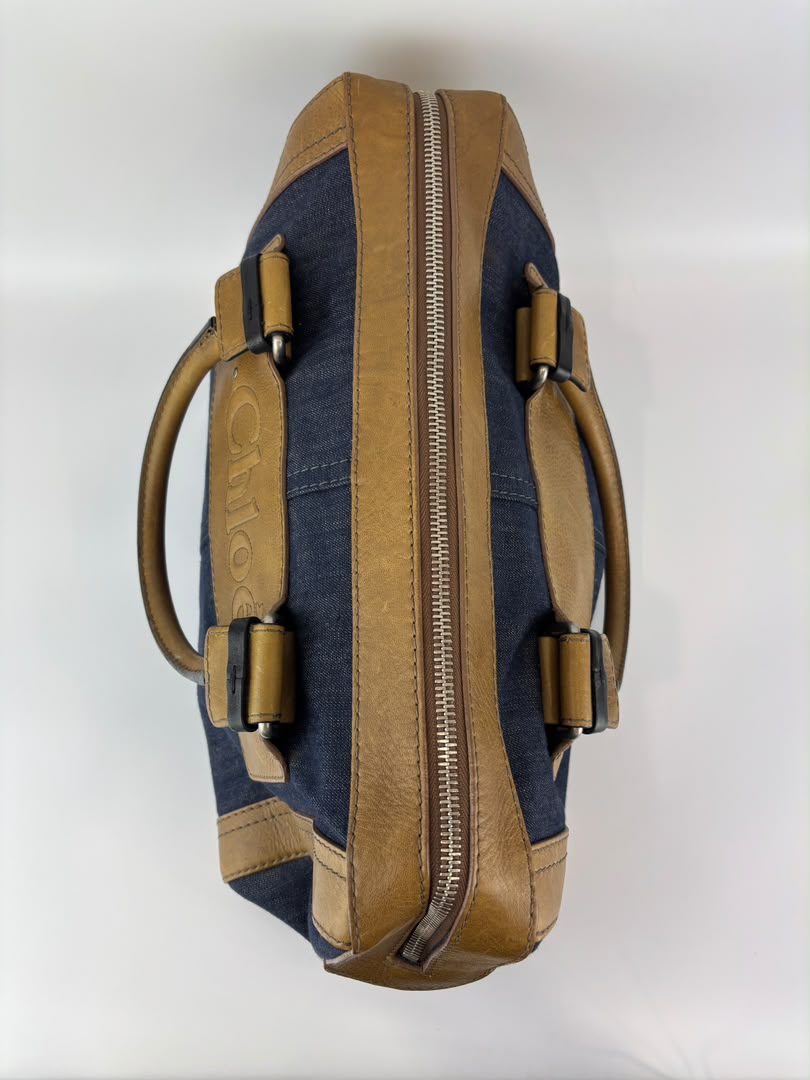 Ethel Zip Satchel Bag Blue Denim/Brown Leather