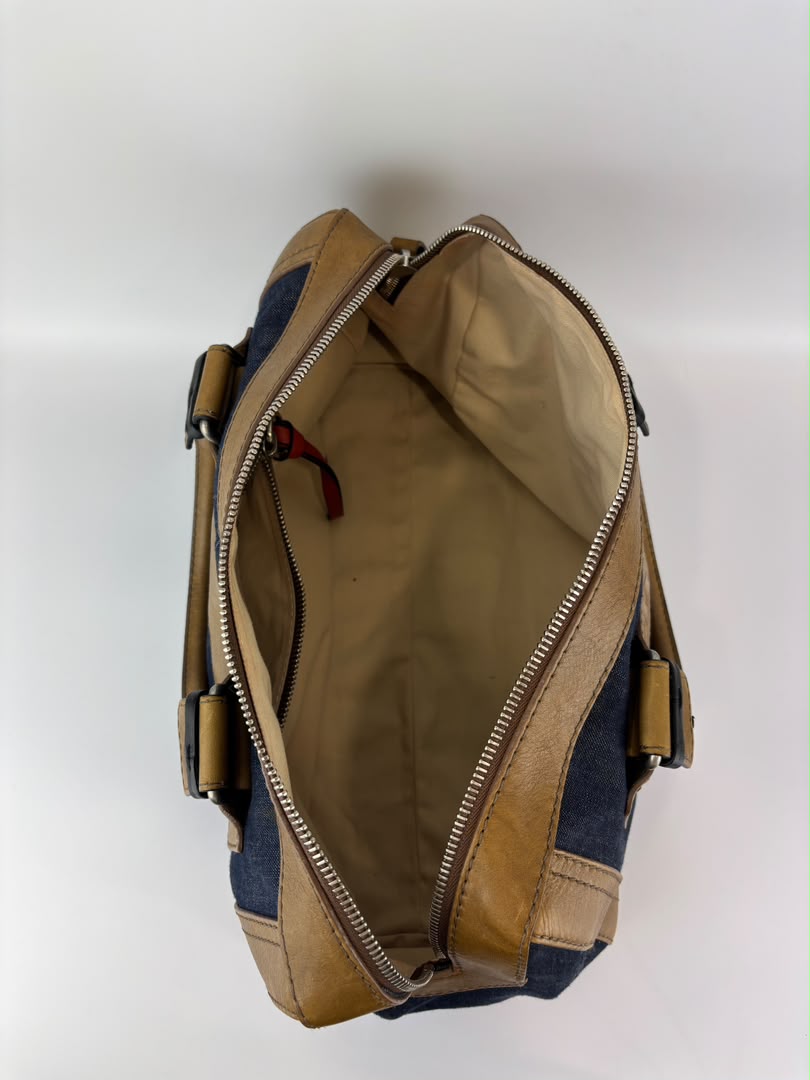 Ethel Zip Satchel Bag Blue Denim/Brown Leather