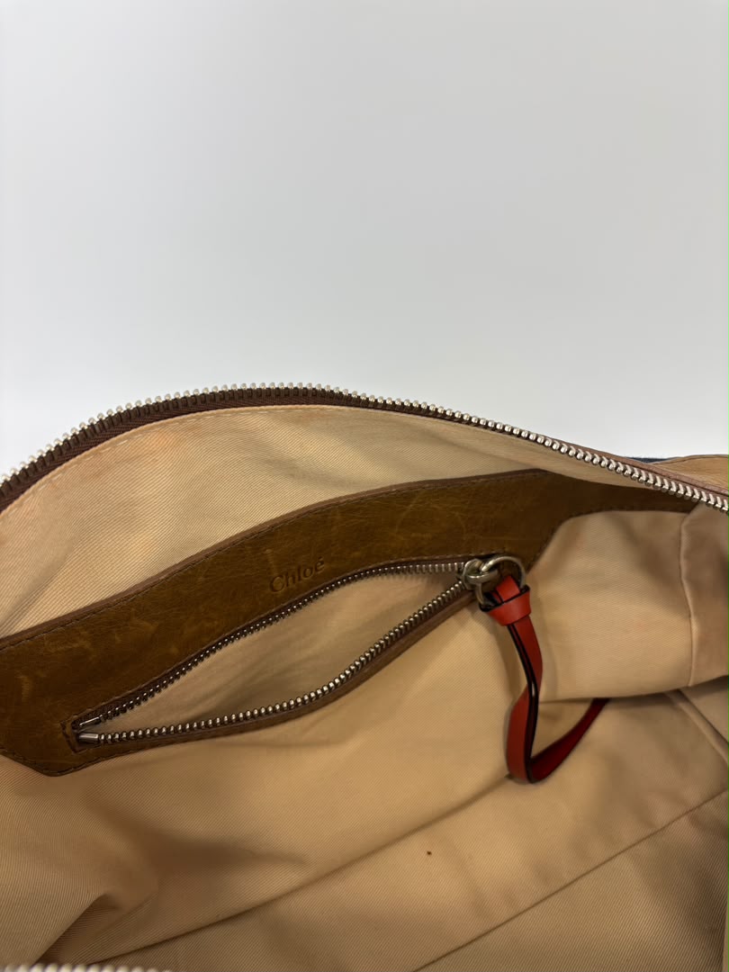 Ethel Zip Satchel Bag Blue Denim/Brown Leather