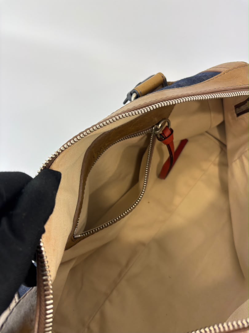 Ethel Zip Satchel Bag Blue Denim/Brown Leather