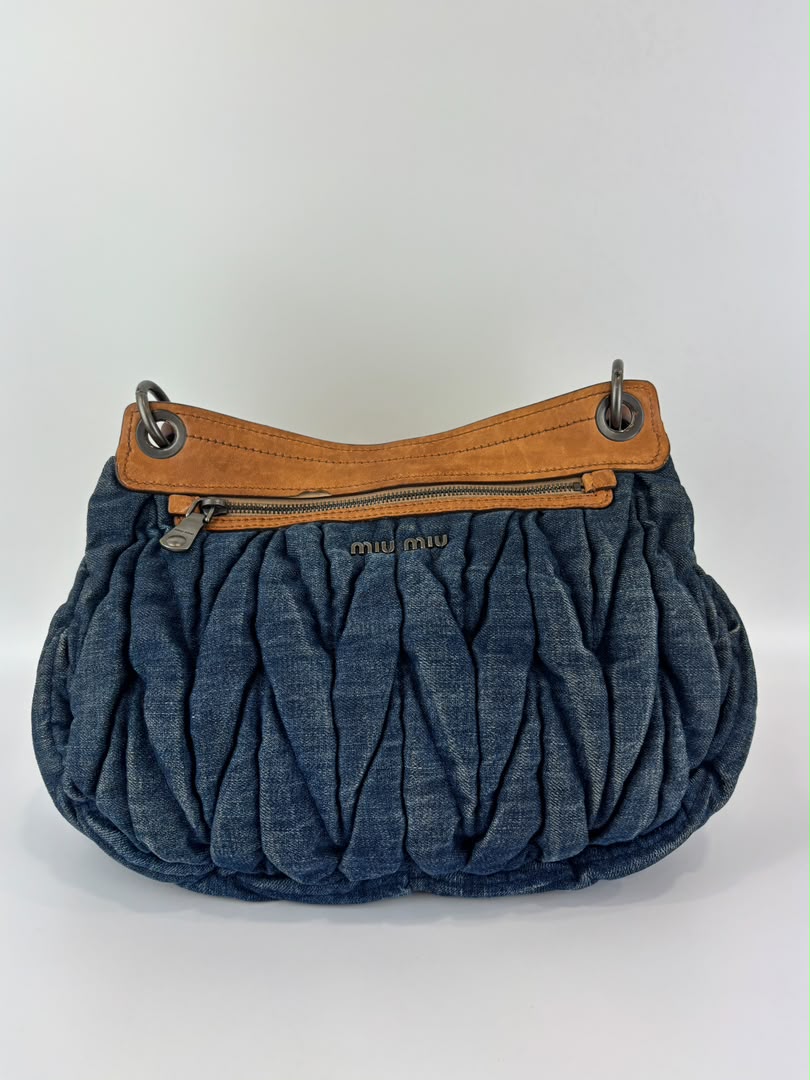 Matelassé Denim and Leather Hobo Bag Blue/Brown