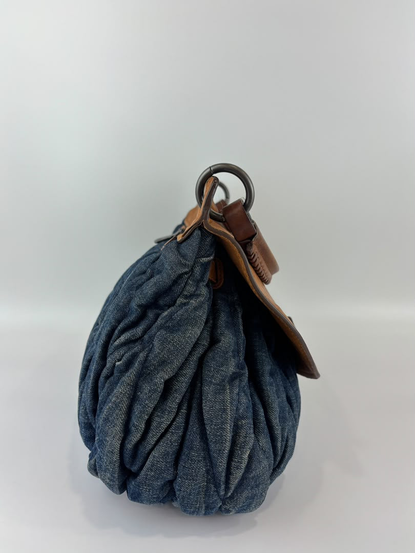 Matelassé Denim and Leather Hobo Bag Blue/Brown