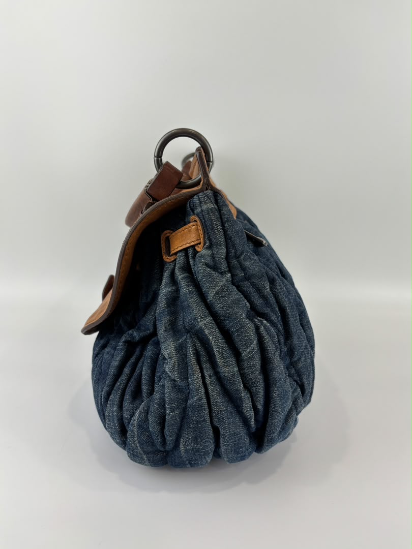 Matelassé Denim and Leather Hobo Bag Blue/Brown